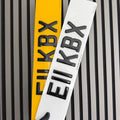 3D gel number plates with raised glossy characters in white and yellow