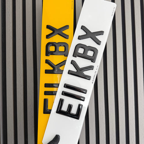 3D gel number plates with raised glossy characters in white and yellow
