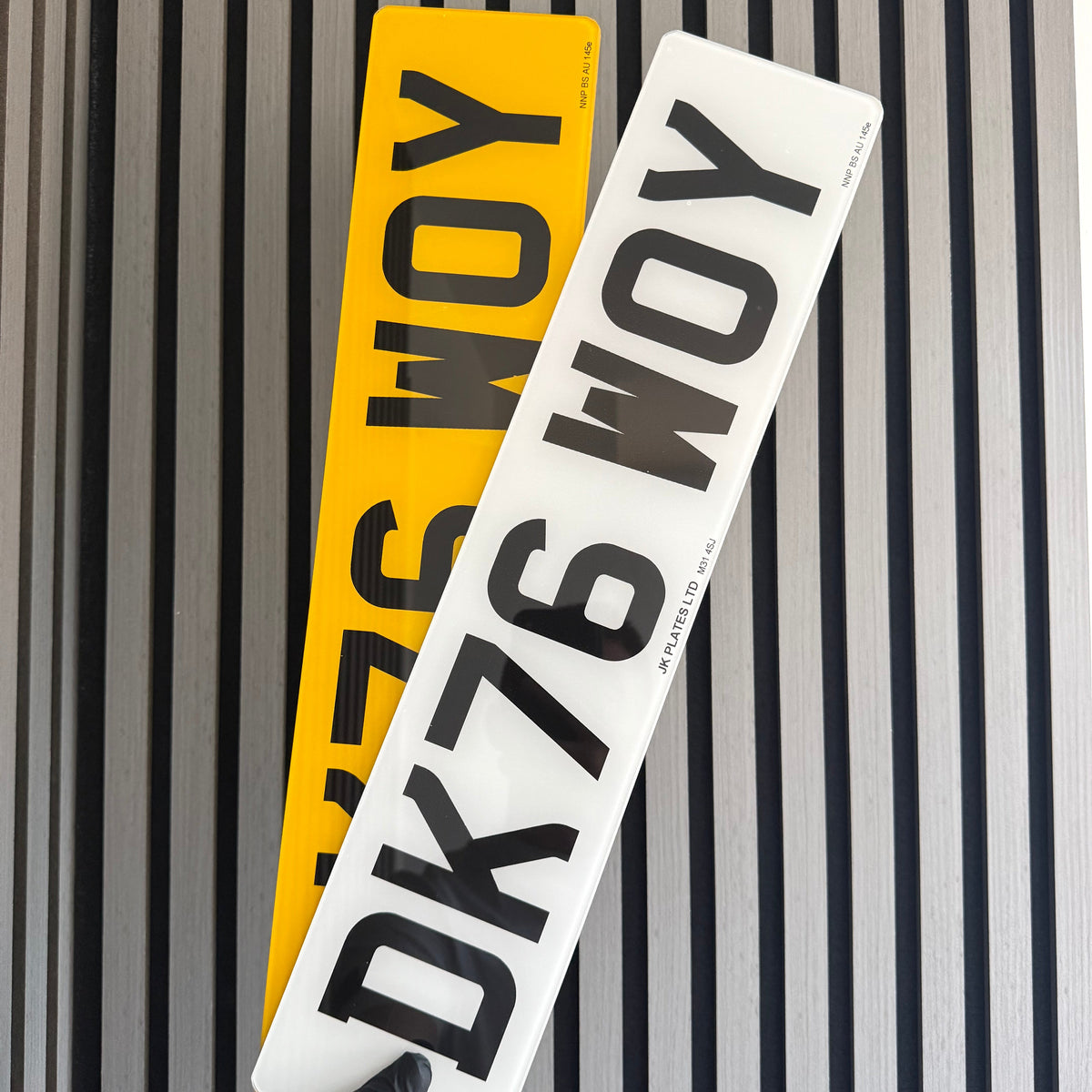 Thermal printed UK number plates in white and yellow